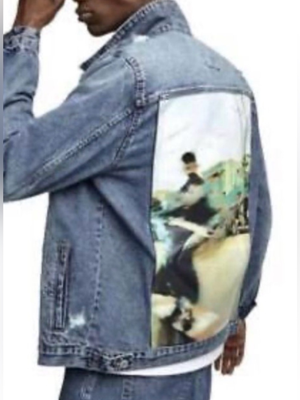 Zara Distressed Denim Jeans Trucker Jacket Graphic Patch Back Size S men’s